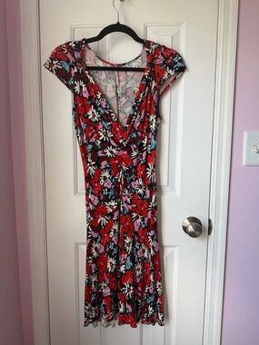 Free People Red Floral V-Neck Midi Dress with Multicolor Blooms
